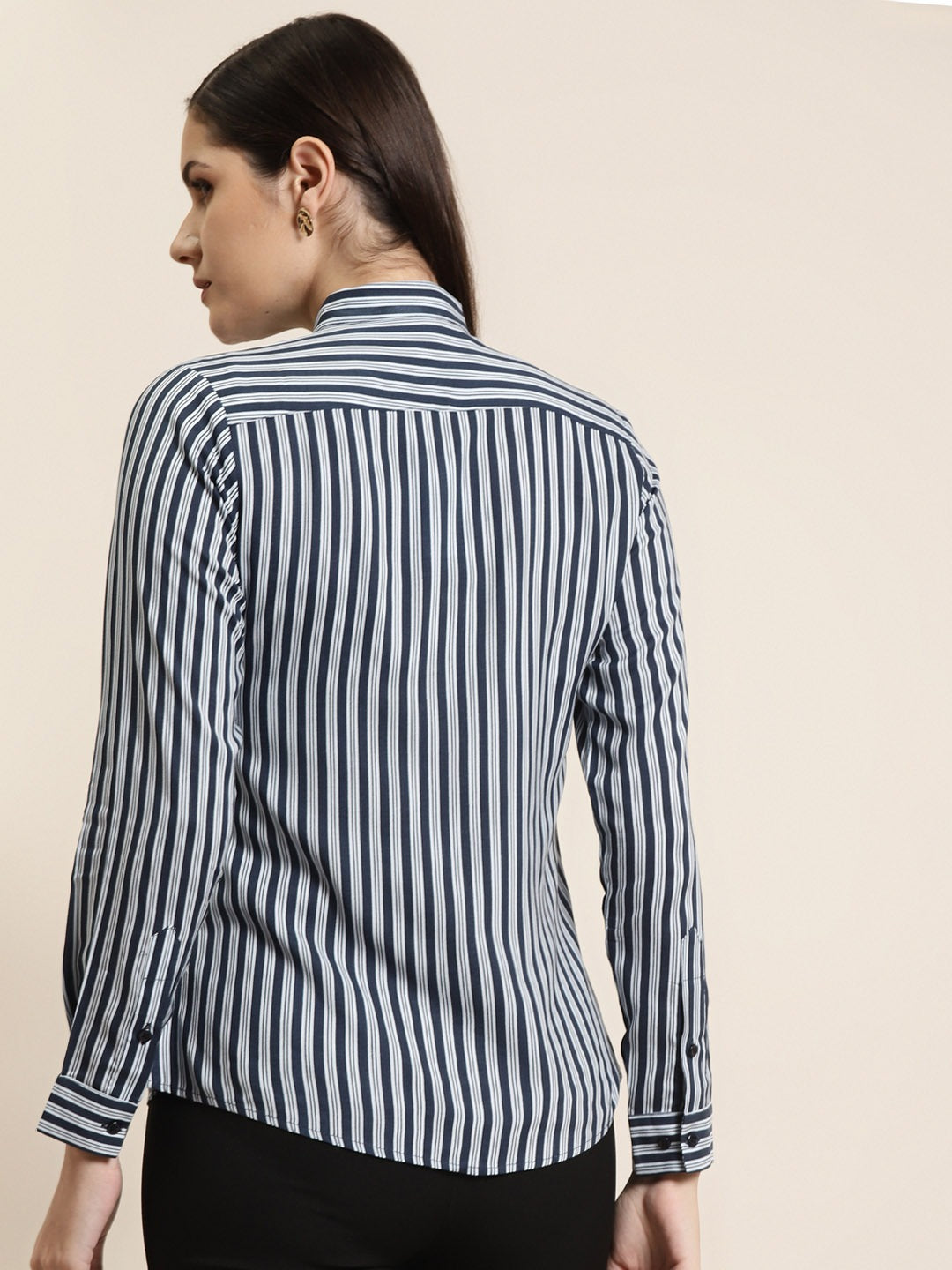 Women Navy & Sky Stripes Pure Cotton Slim Fit Formal Shirt