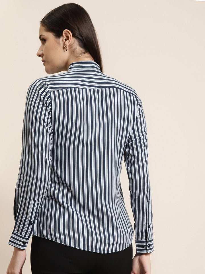 Women Navy & Sky Stripes Pure Cotton Slim Fit Formal Shirt