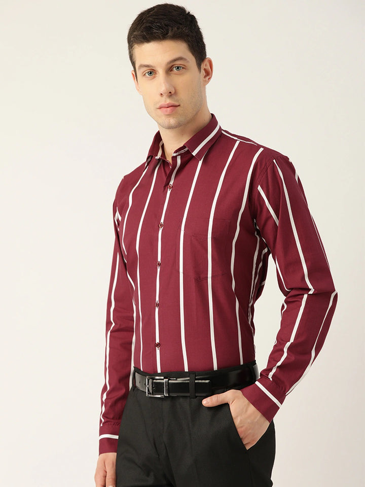 Men Maroon Stripes Pure Cotton Slim Fit Formal Shirt