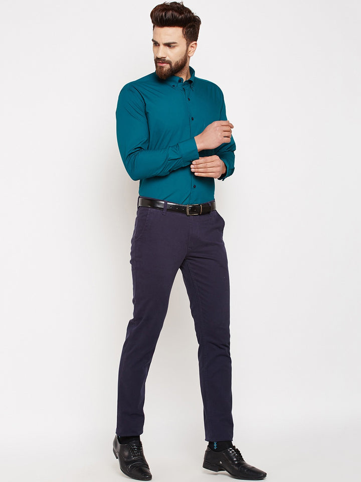 Men Bottle Green Solids Pure Cotton Slim Fit Formal Shirt