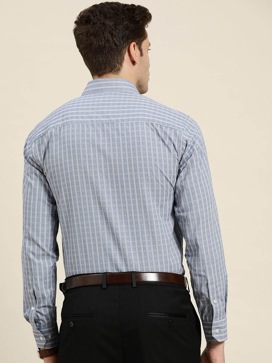 Men Blue-Grey Checks Cotton Rich Slim Fit Formal Shirt