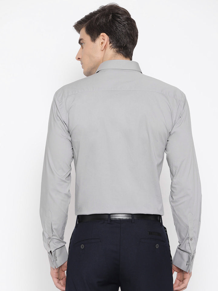 Men Light Grey Cotton Solid French Cuff Slim Fit Formal Shirt