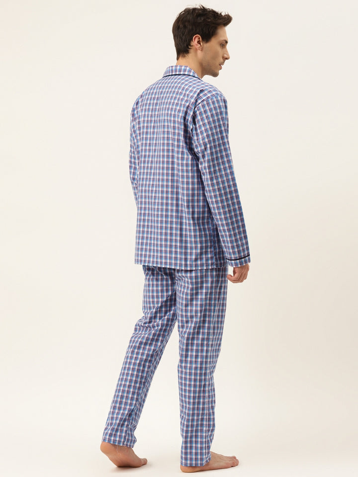 Men Blue & White Checks Pure Cotton Regular Fit Night Wear Night Suit
