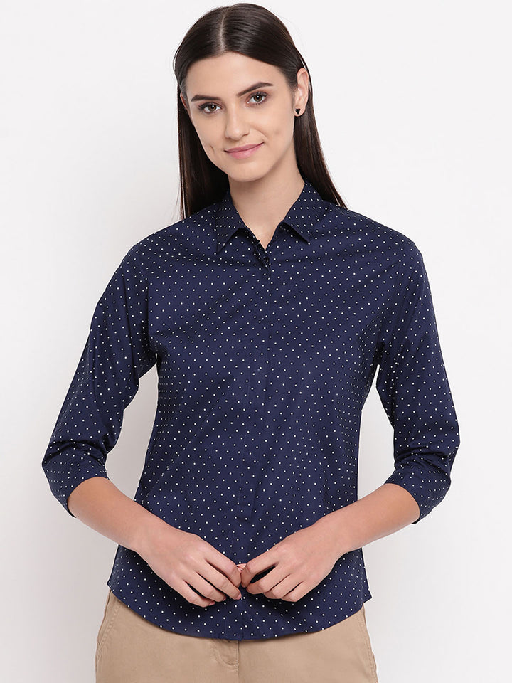 Women Navy Pure Cotton Polka Dot Printed Slim Fit Formal Shirt