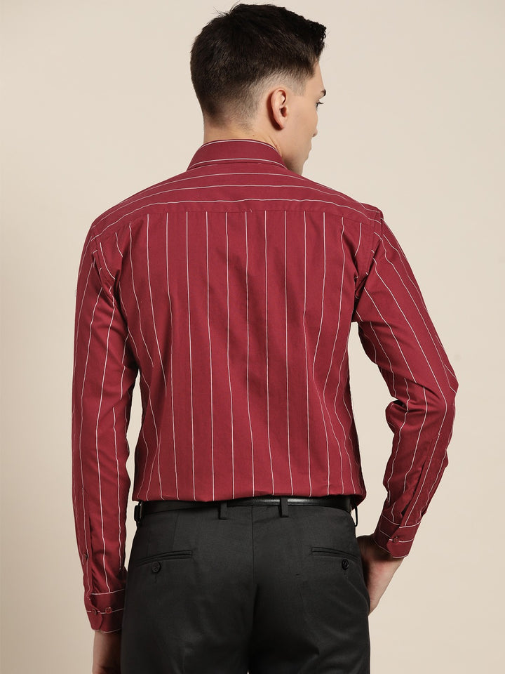 Men Maroon Stripes Pure Cotton Slim Fit Formal Shirt