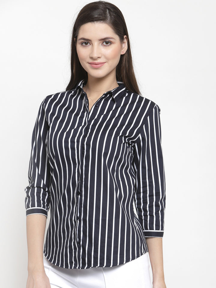 Women Navy Pure Cotton Striped Slim Fit Formal Shirt