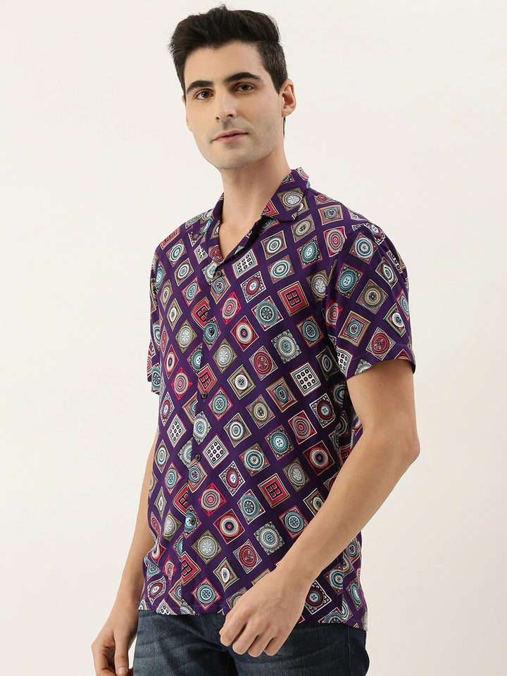 Men Purple Printed Pure Cotton Relaxed Fit Casual Resort Shirt