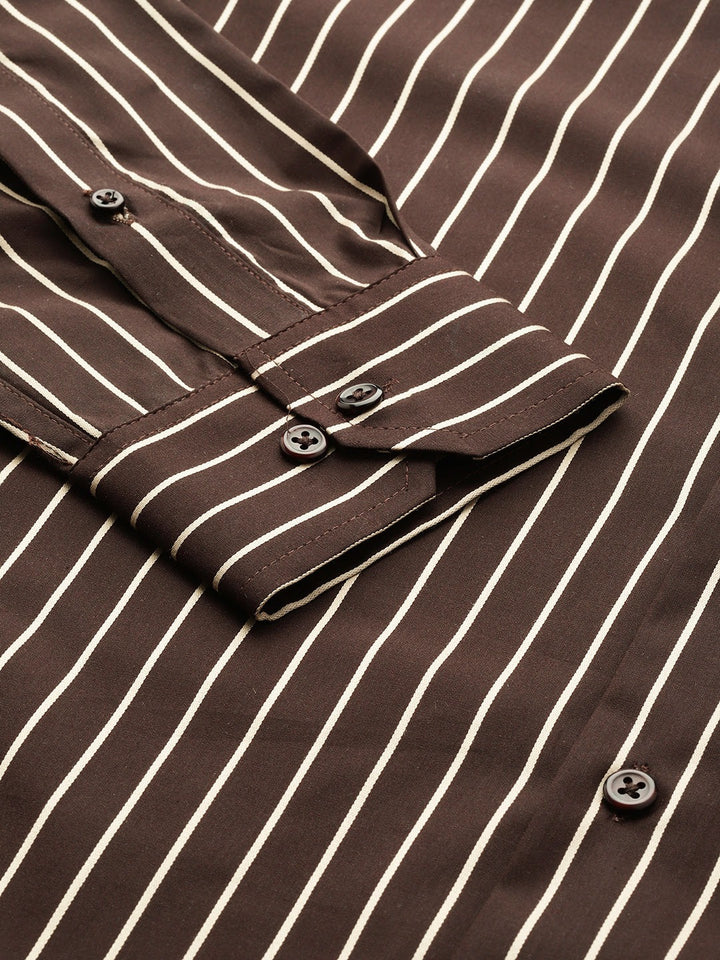 Men Brown Stripes Pure Cotton Slim Fit Formal Shirt