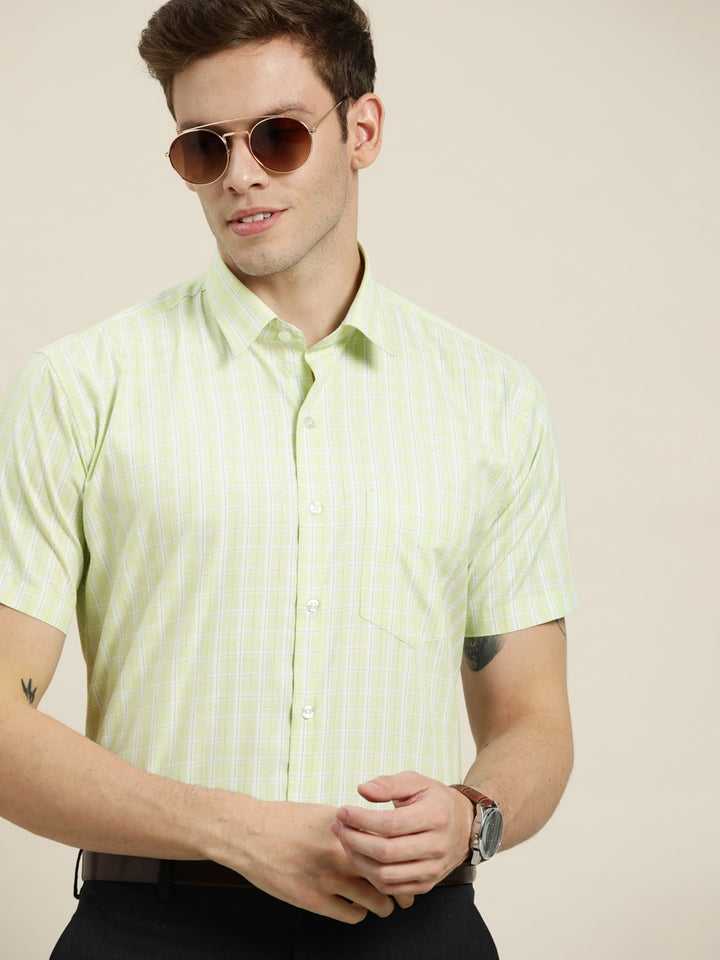 Men Green Checks Cotton Rich Slim Fit Formal Shirt