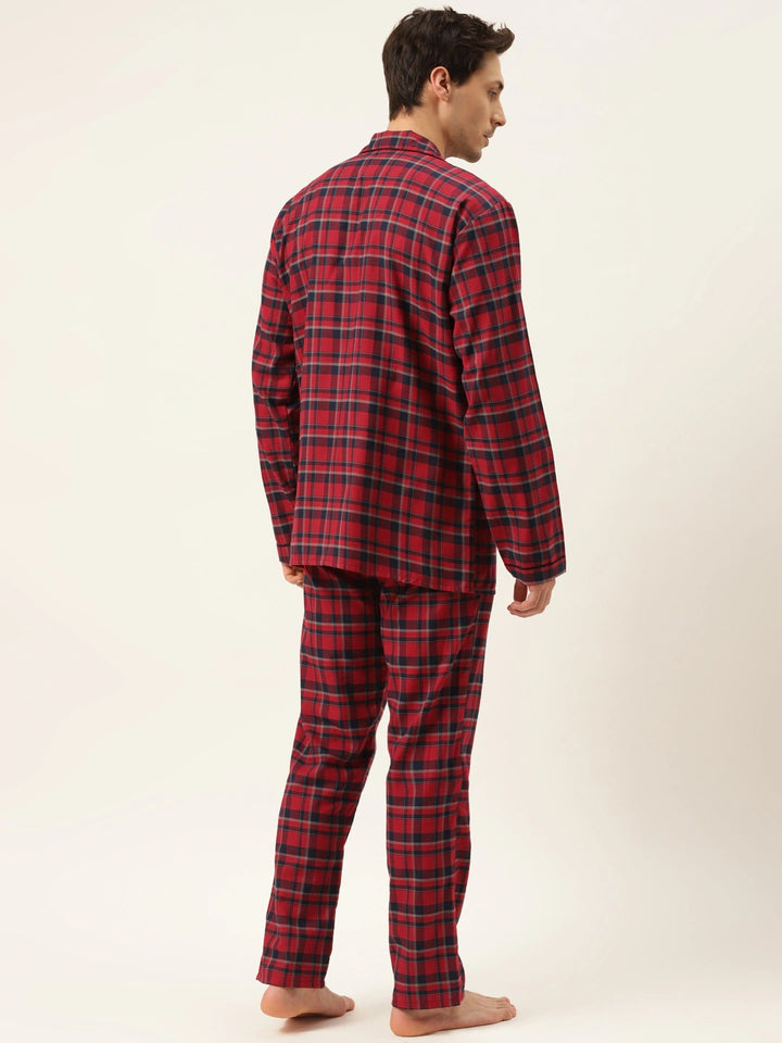 Men Red & Navy Checks Pure Cotton Regular Fit Night Wear Night Suit