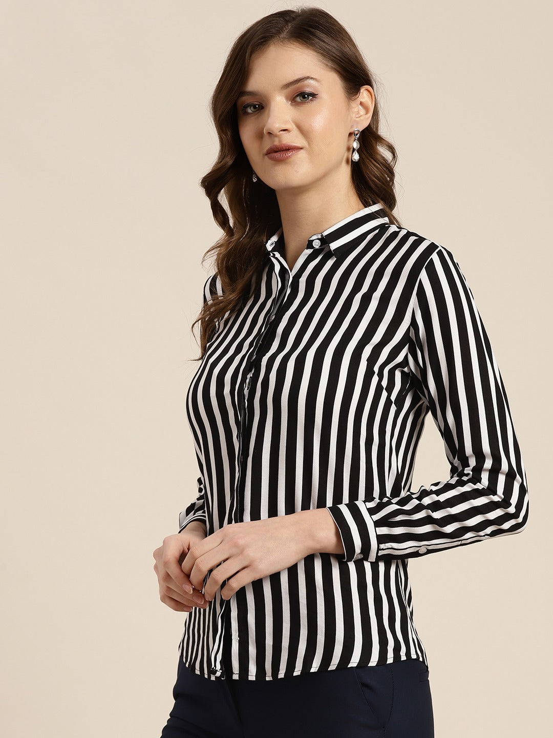 Women Black & White Stripes Viscose Rayon Slim Fit Formal Shirt
