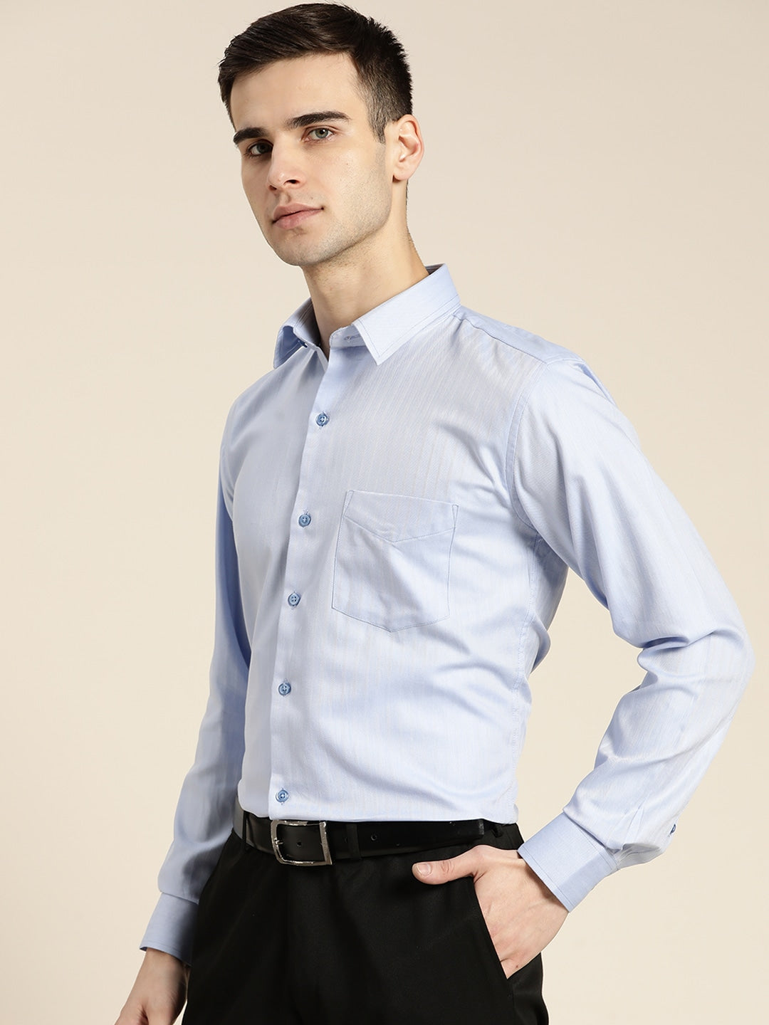 Men Blue Solid Self Design Pure Cotton Slim Fit Formal Shirt