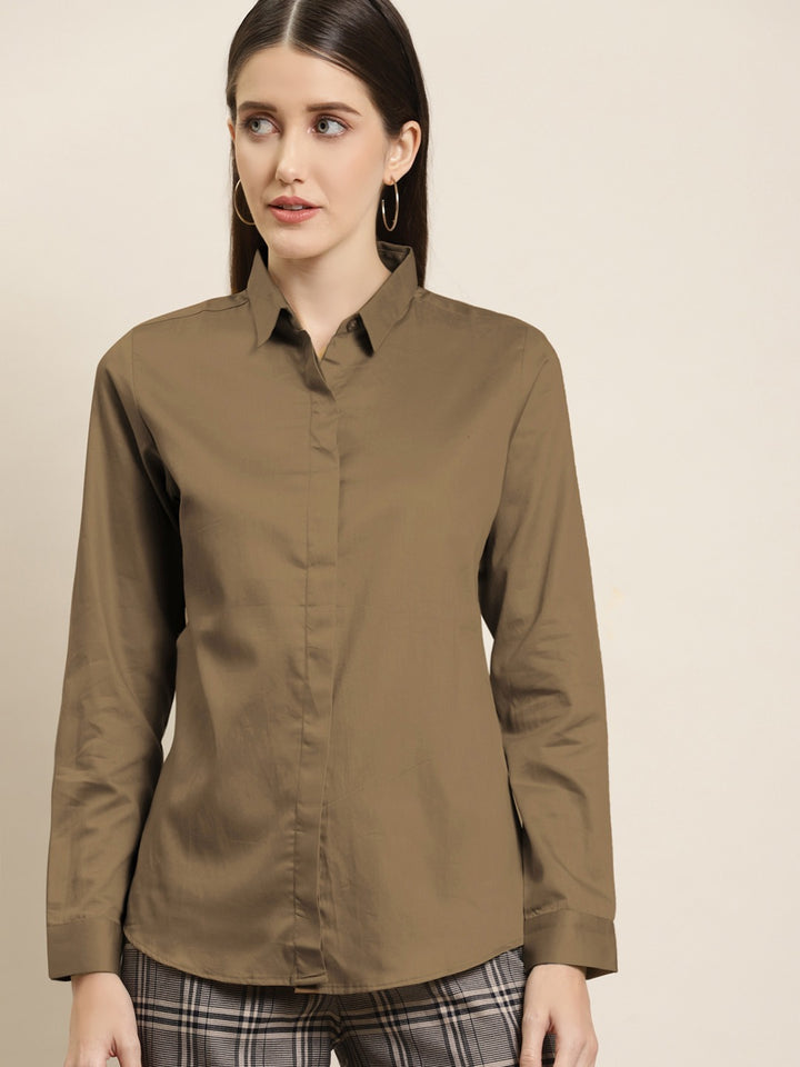 Women Brown Solid Pure Cotton Satin Slim Fit Formal Shirt