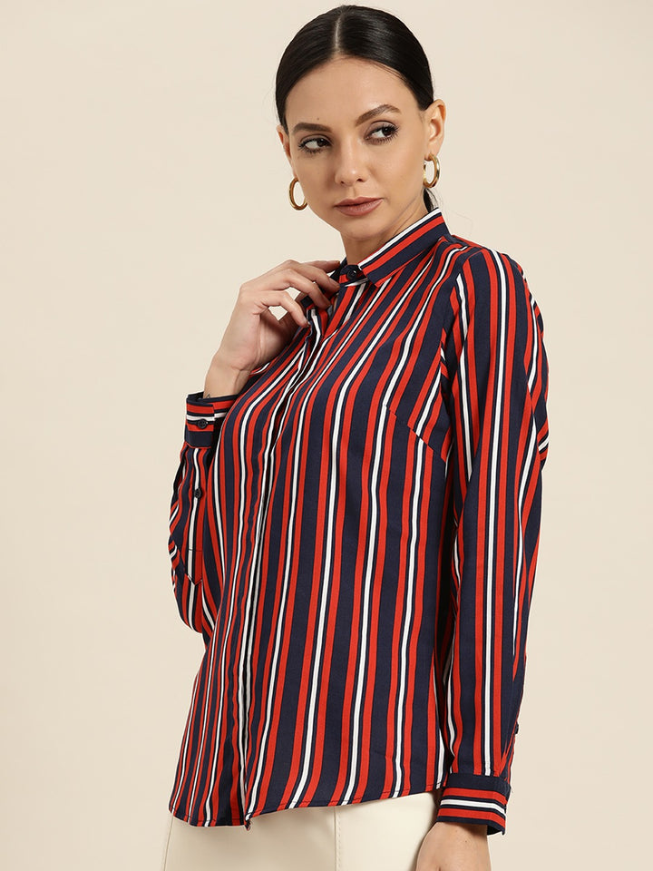 Women Navy Stripes Viscose Rayon Slim Fit Formal Shirt