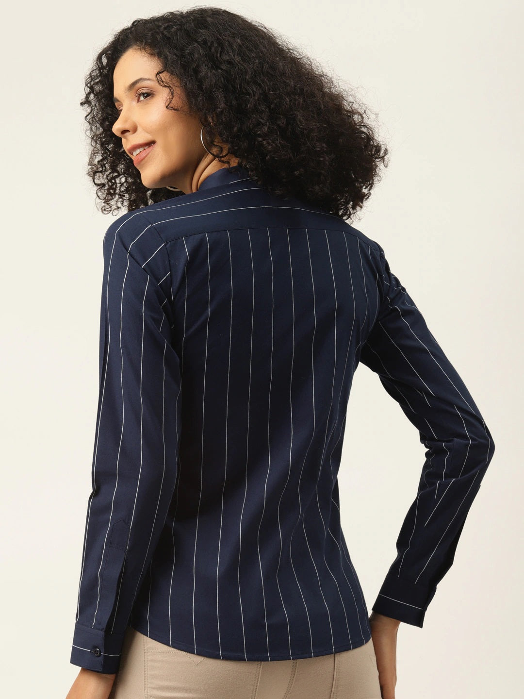 Women Navy Stripes Pure Cotton Slim Fit Formal Shirt