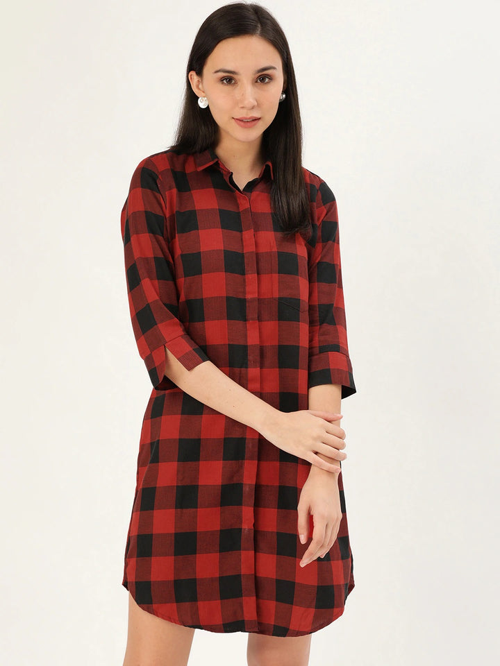 Women Red & Black Checks Pure Cotton Regular Fit Formal Dress