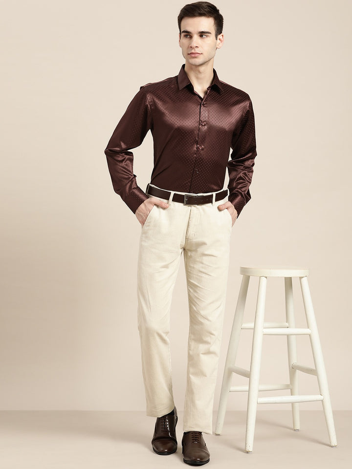 Men Maroon Solid Self Design Polyester Satin Slim Fit Party Formal Shirt