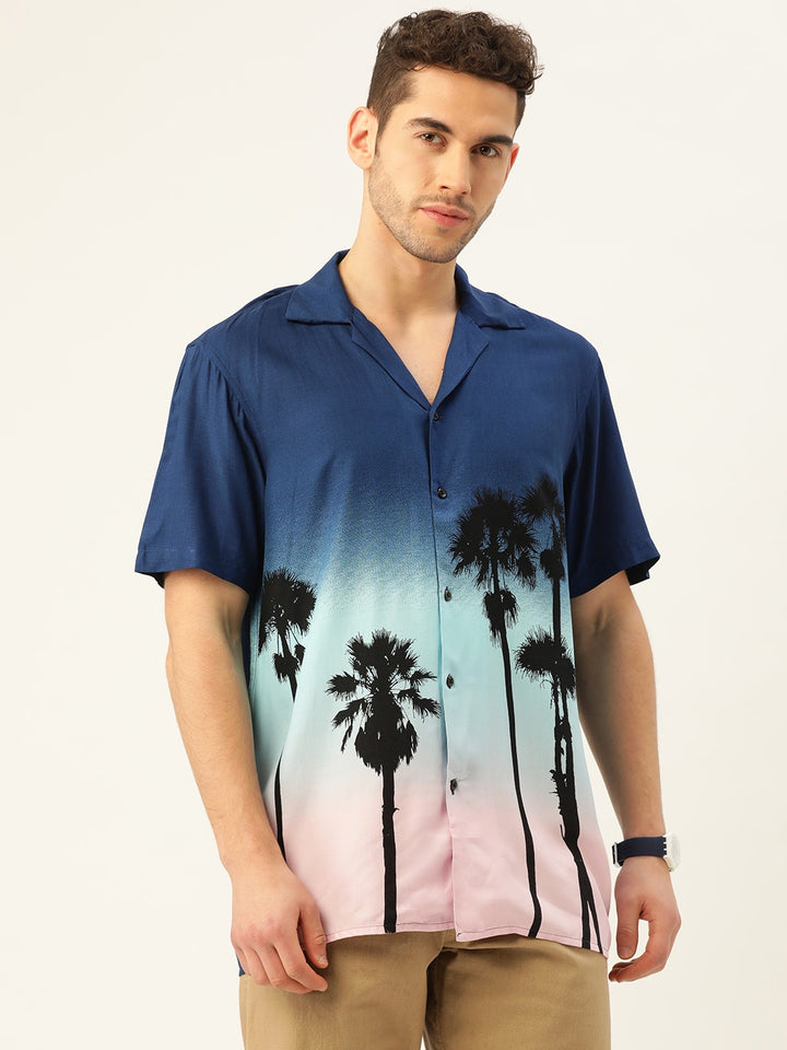 Men Navy & Pink Printed Viscose Rayon Relaxed Fit Casual Resort Shirt