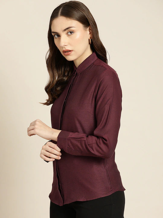 Women Maroon Solid Pure Cotton Slim Fit Formal Shirt