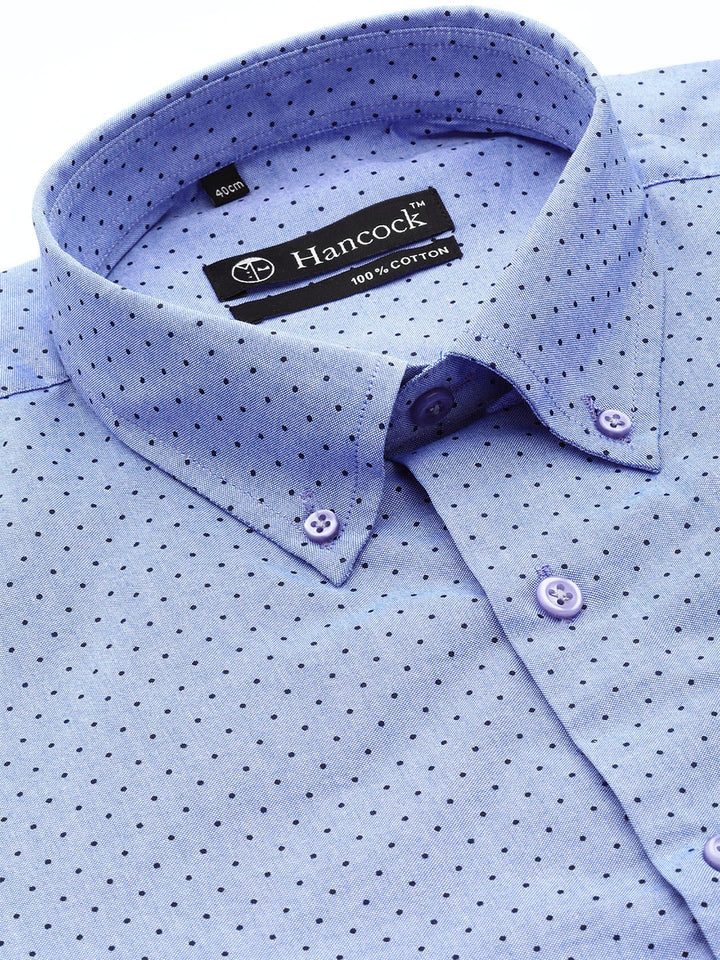 Men Blue Chambray Polka Micro Dot Print Cotton Rich Slim Fit Formal Shirt
