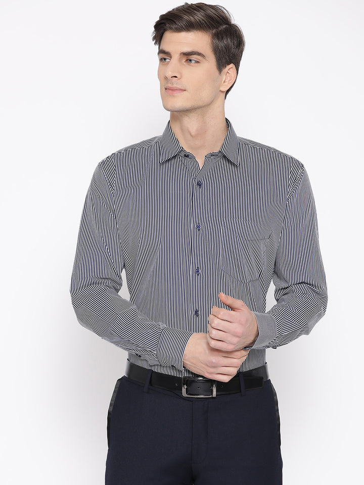 Men Navy & White Pure Cotton Striped Slim Fit Formal Shirt