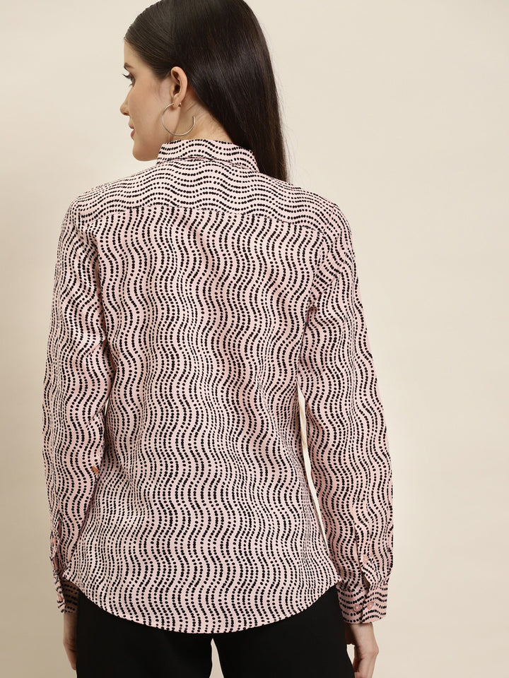 Women Pink & Black Prints Pure Cotton Slim Fit Formal Shirt