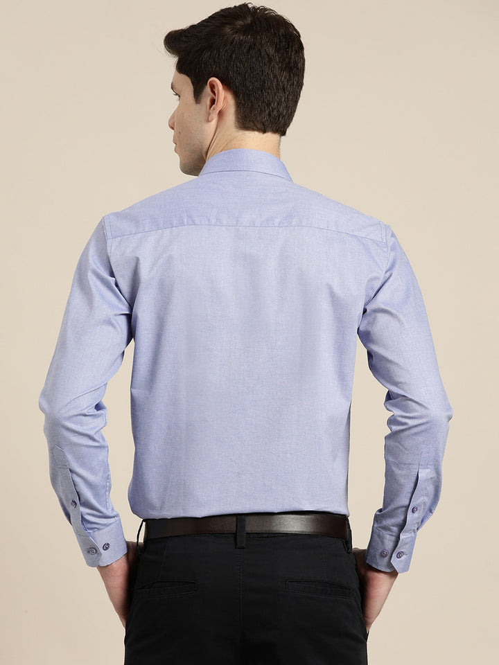 Men Sky Solid Chambray Button Down Collar Slim Fit Formal Shirt