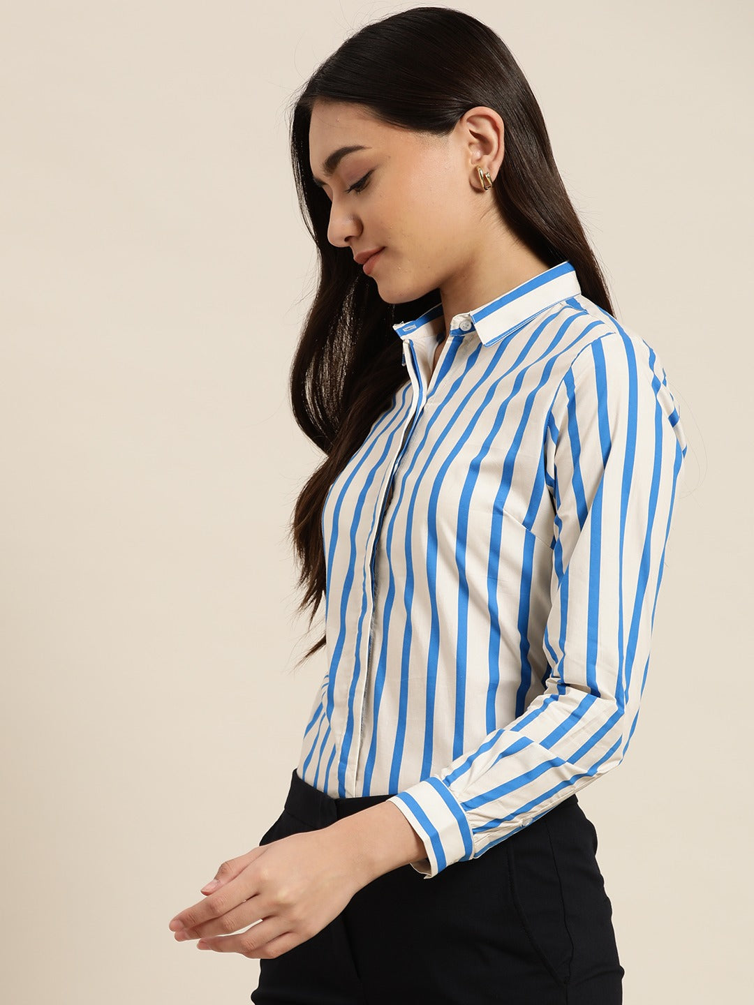 Women Cream & Blue Stripes Pure Cotton Slim Fit Formal Shirt
