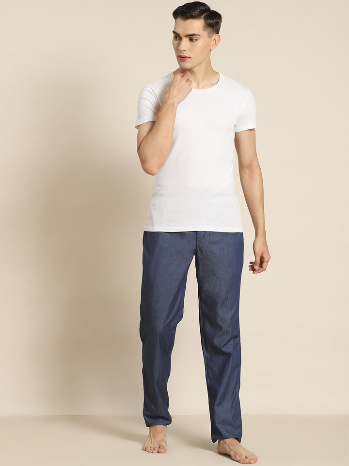 Men Dark Blue Solid Denim Pure Cotton Relaxed Fit Casual Lounge Pant