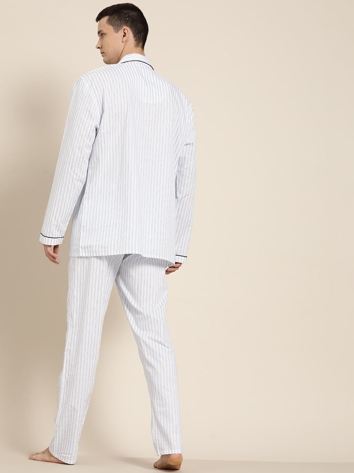 Men White Stripes Pure Cotton Regular Fit Night Wear Night Suit