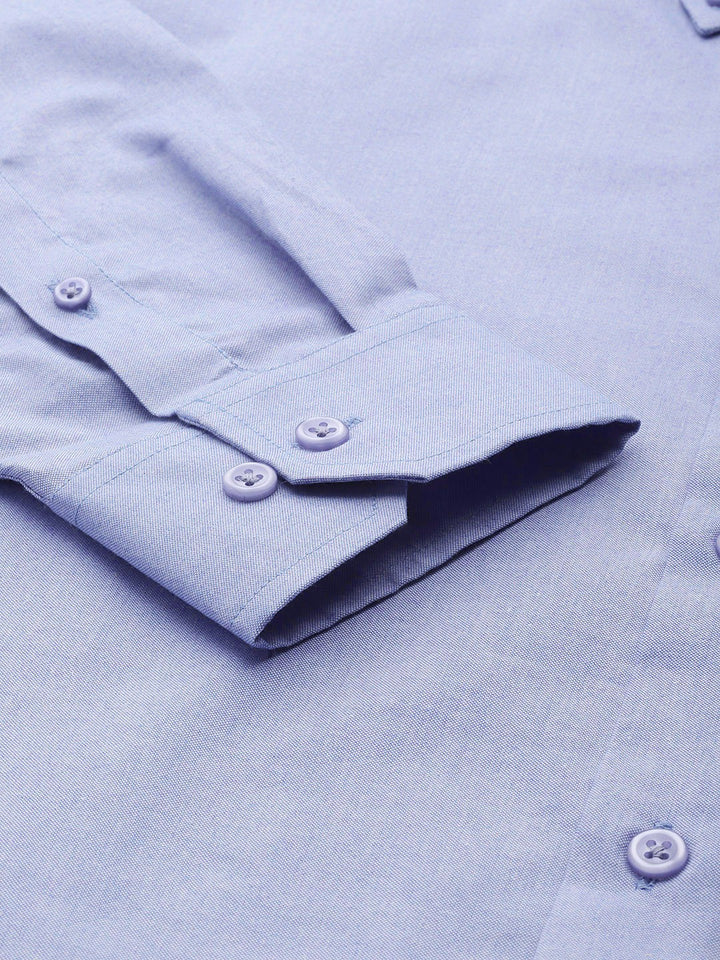 Men Sky Solid Chambray Button Down Collar Slim Fit Formal Shirt