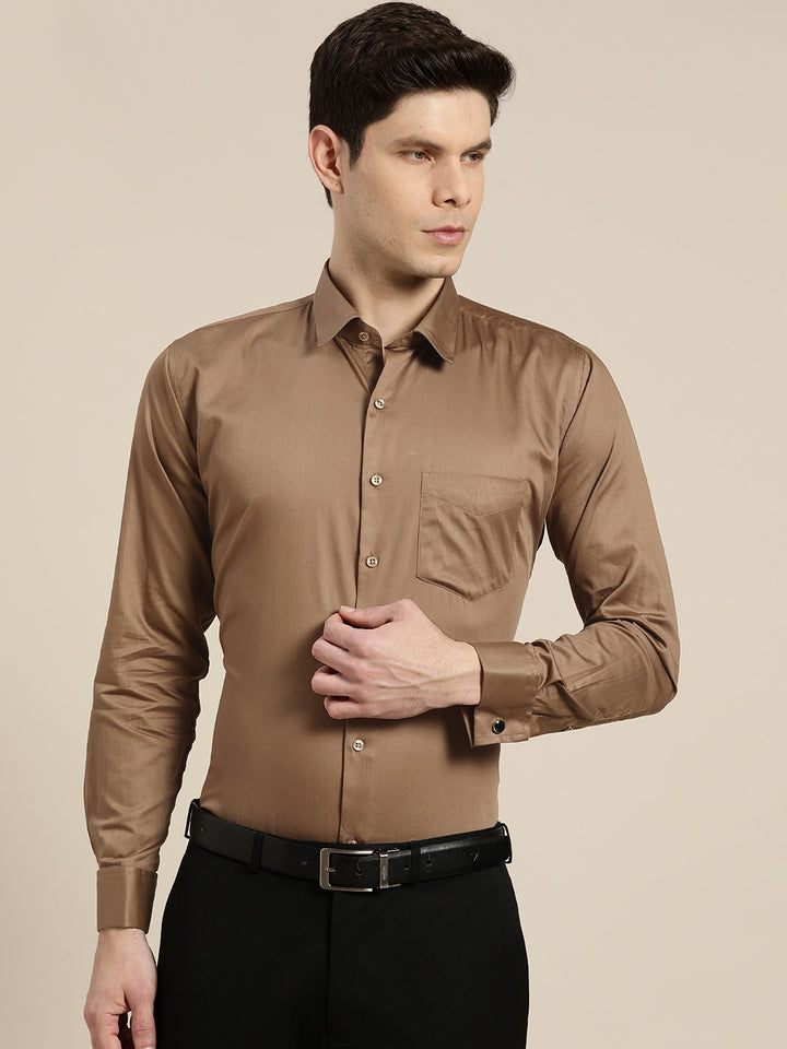 Men Brown Solid Satin French Cuff Pure Cotton Slim Fit Formal Shirt
