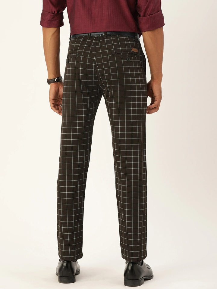 Men Brown Checks Cotton Elastene Slim Fit Formal Trouser
