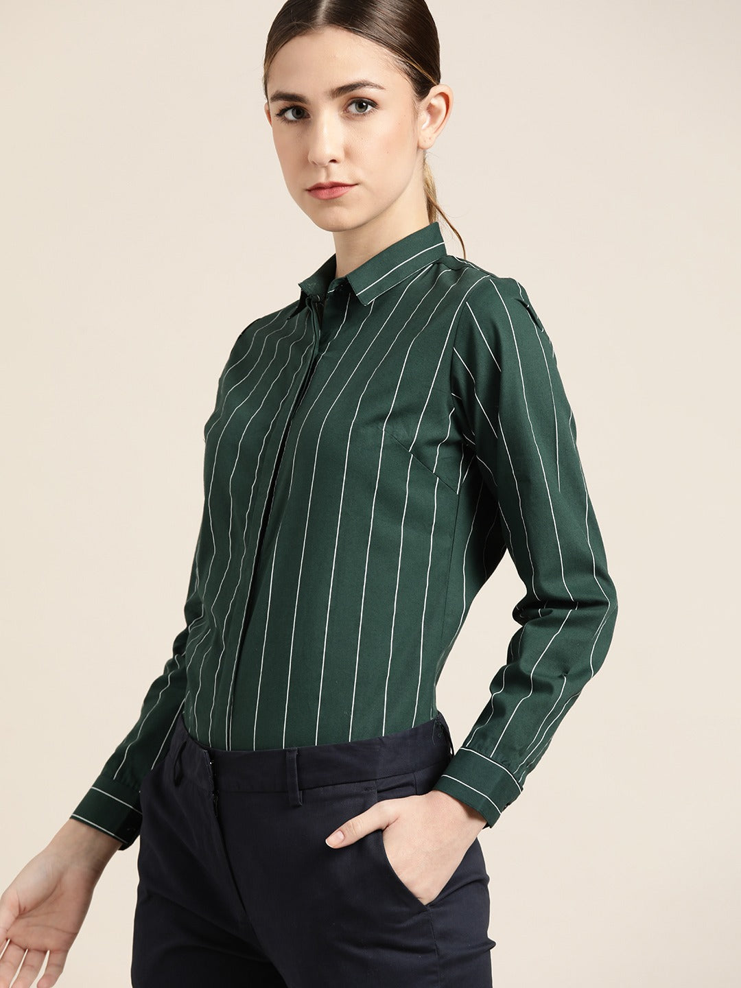 Hancock Women Bottle Green Striped Pure Cotton Slim Fit Formal Shirt Hancock Women Bottle Green Striped Pure Cotton Slim Fit Formal Shirt