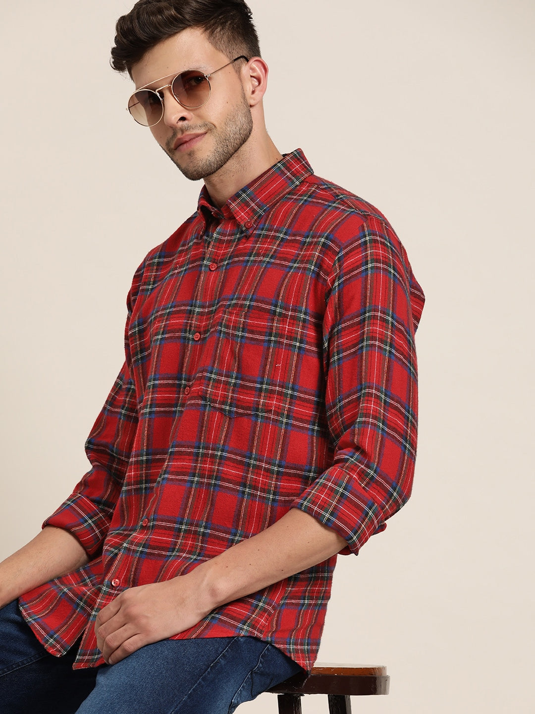 Men Red & Navy Checked Pure Cotton Slim Fit Casual Shirt