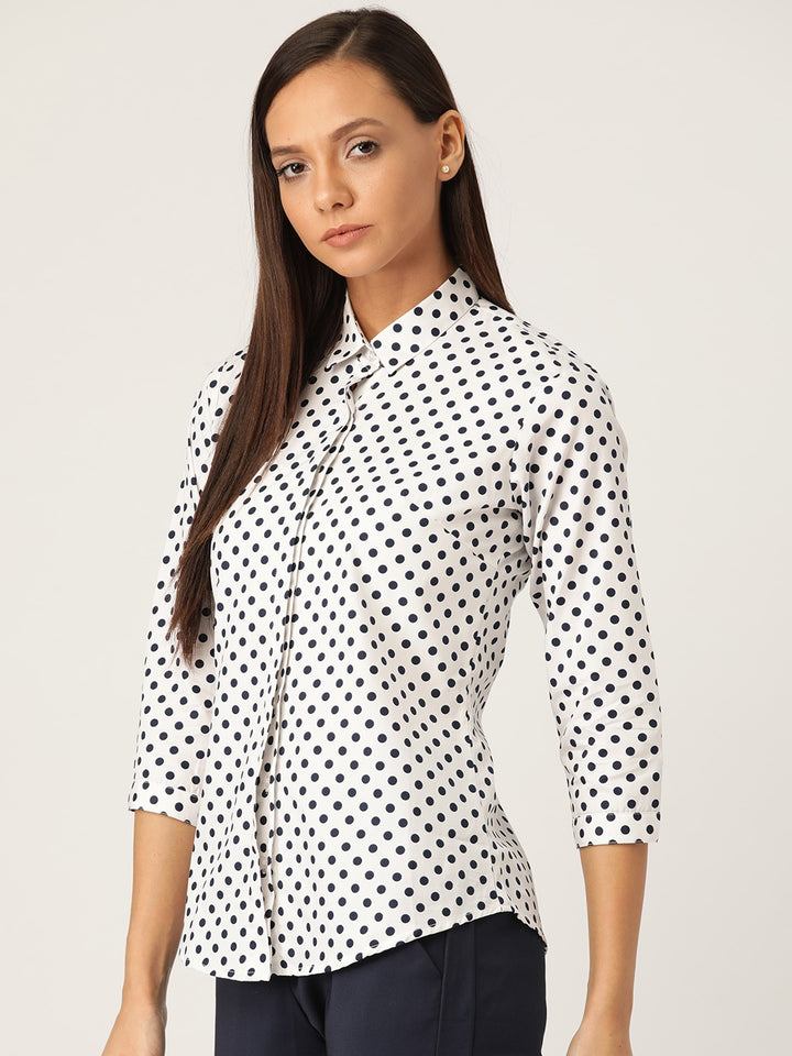 Women White & Navy Prints Pure Cotton Slim Fit Formal Shirt