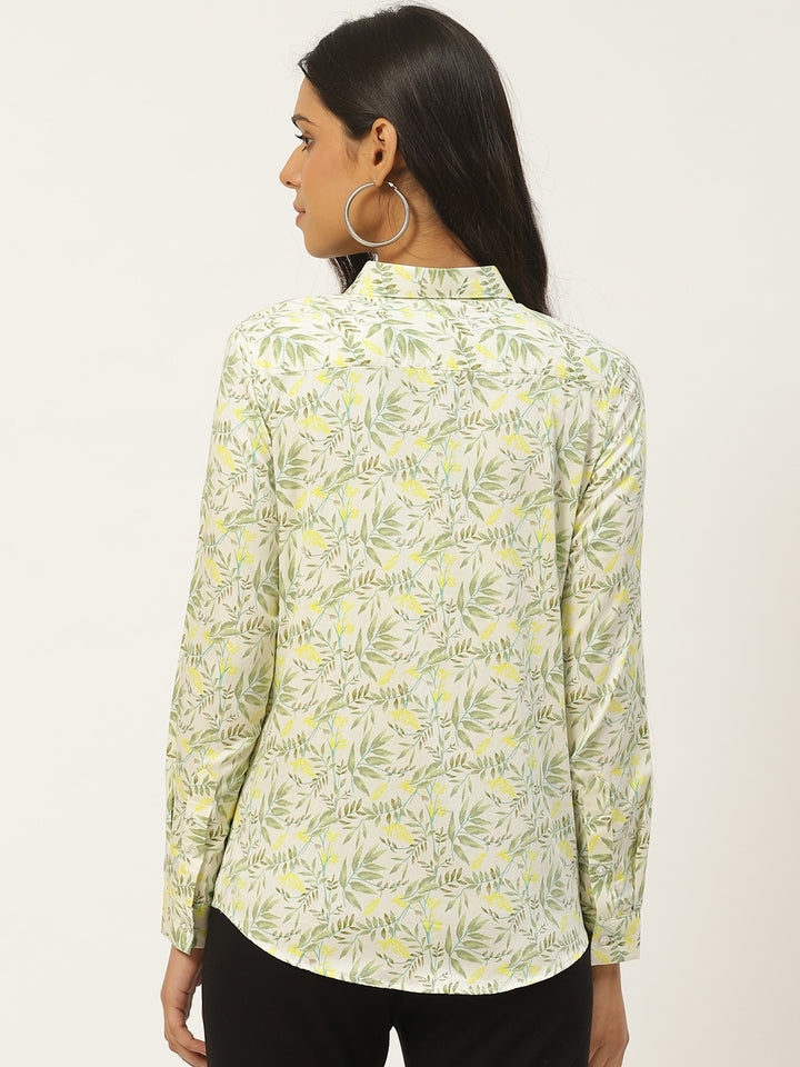 Women Cream & Green Prints Pure Cotton Slim Fit Formal Shirt