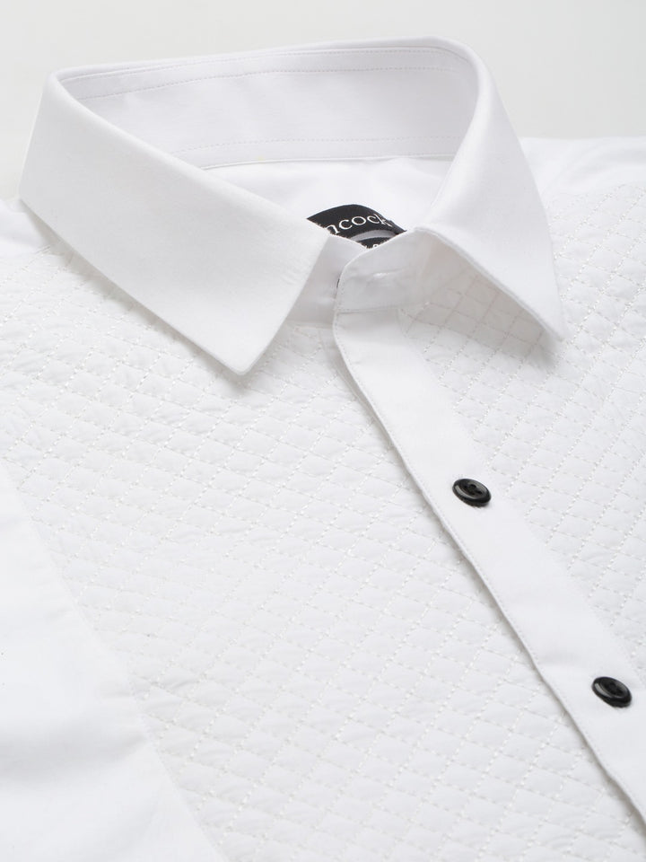 Men White Solid Tuxedo Quilted Pure Cotton Slim Fit Formal Shirt