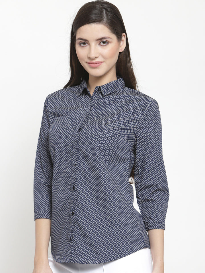 Women Navy Pure Cotton Printed Slim Fit Formal Shirt