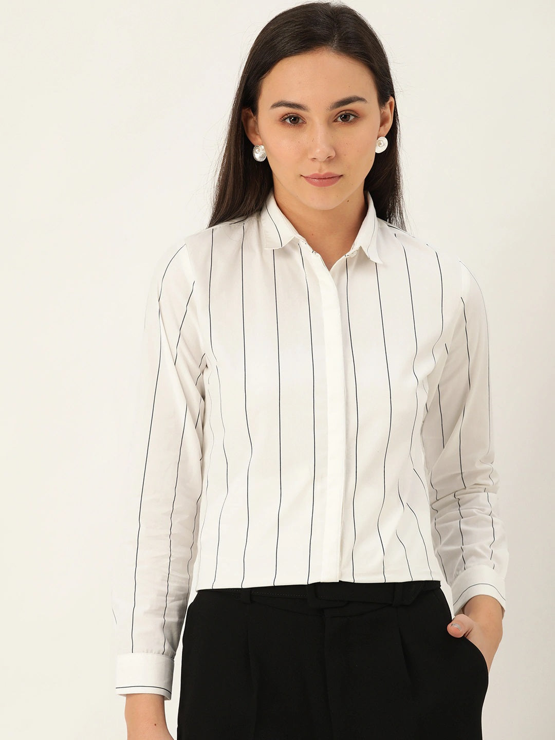 Women White Stripes Pure Cotton Slim Fit Formal Shirt