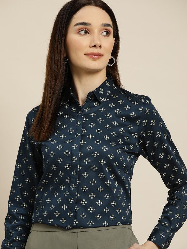 Women Navy Prints Pure Cotton Slim Fit Formal Shirt