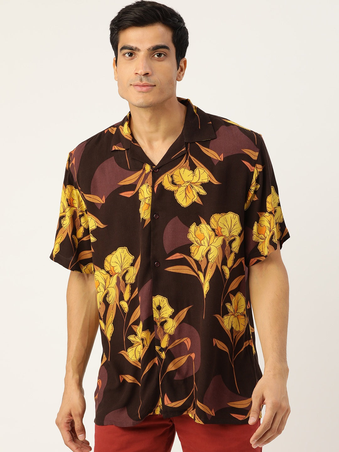 Men Black & Yellow Printed Viscose Rayon Relaxed Fit Casual Resort Shirt