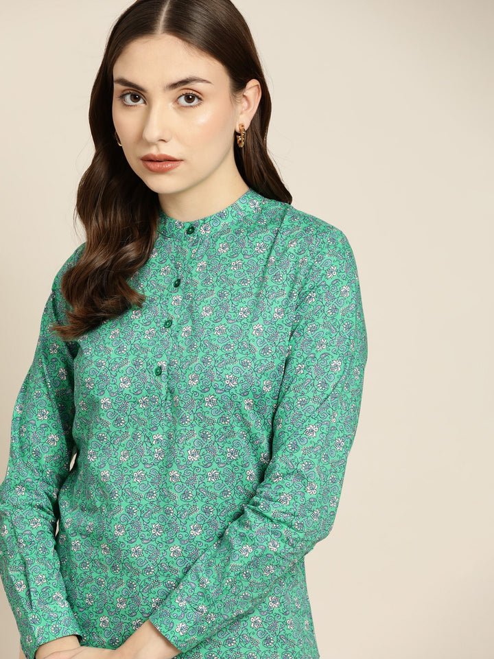 Women Green Printed Pure Cotton Slim Fit Formal Top