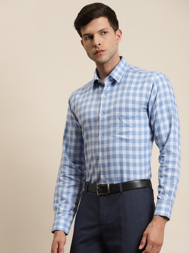 Men Blue Checked Pure Cotton Slim Fit Formal Shirt