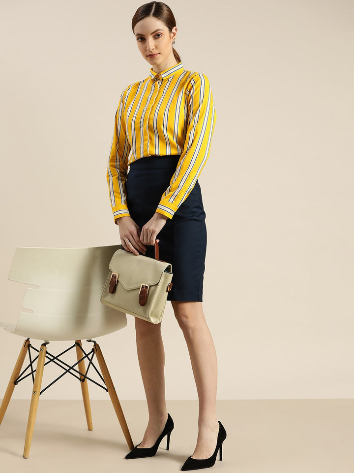 Women Yellow Striped Pure Cotton Slim Fit Formal Shirt