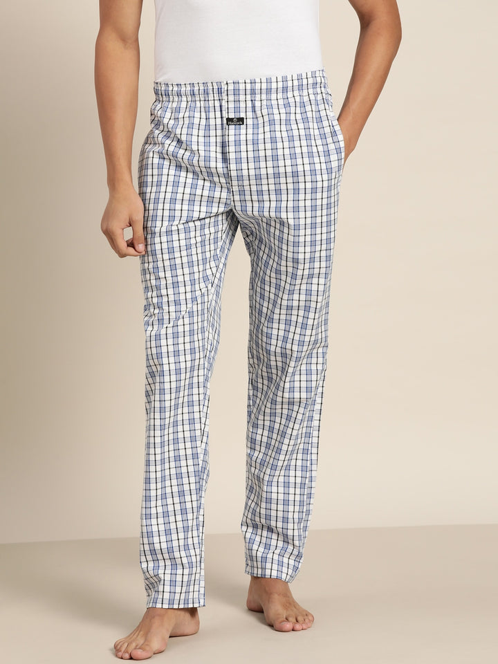 Men White & Blue Checks Pure Cotton Relaxed Fit Casual Lounge Pant