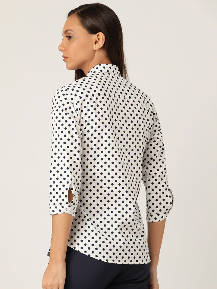 Women White & Navy Prints Pure Cotton Slim Fit Formal Shirt