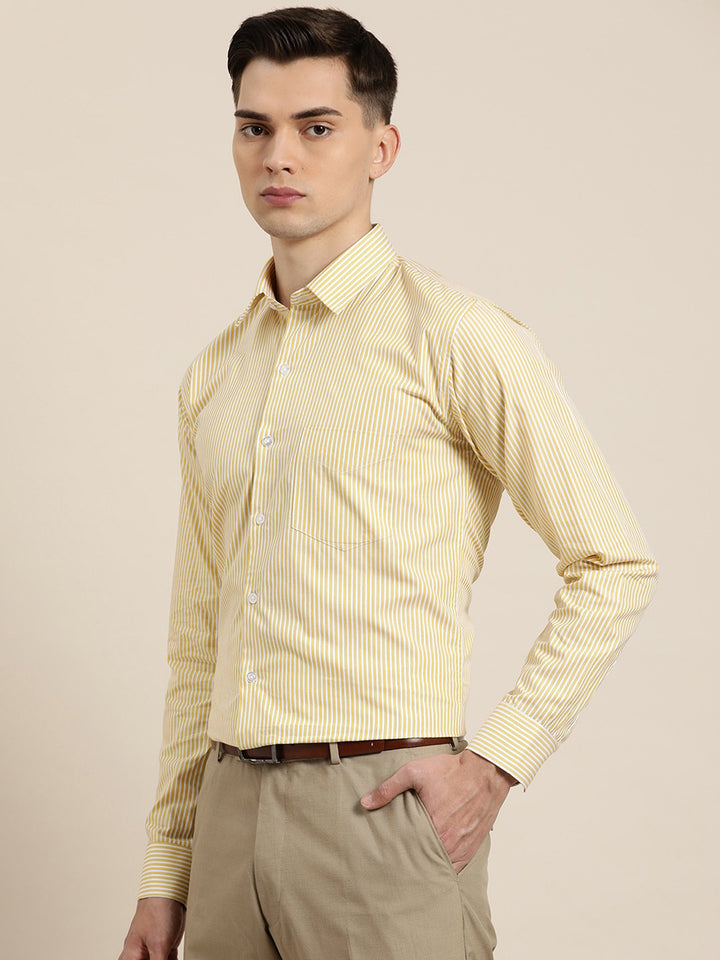 Men White & Yellow Stripes Pure Cotton Slim Fit Formal Shirt