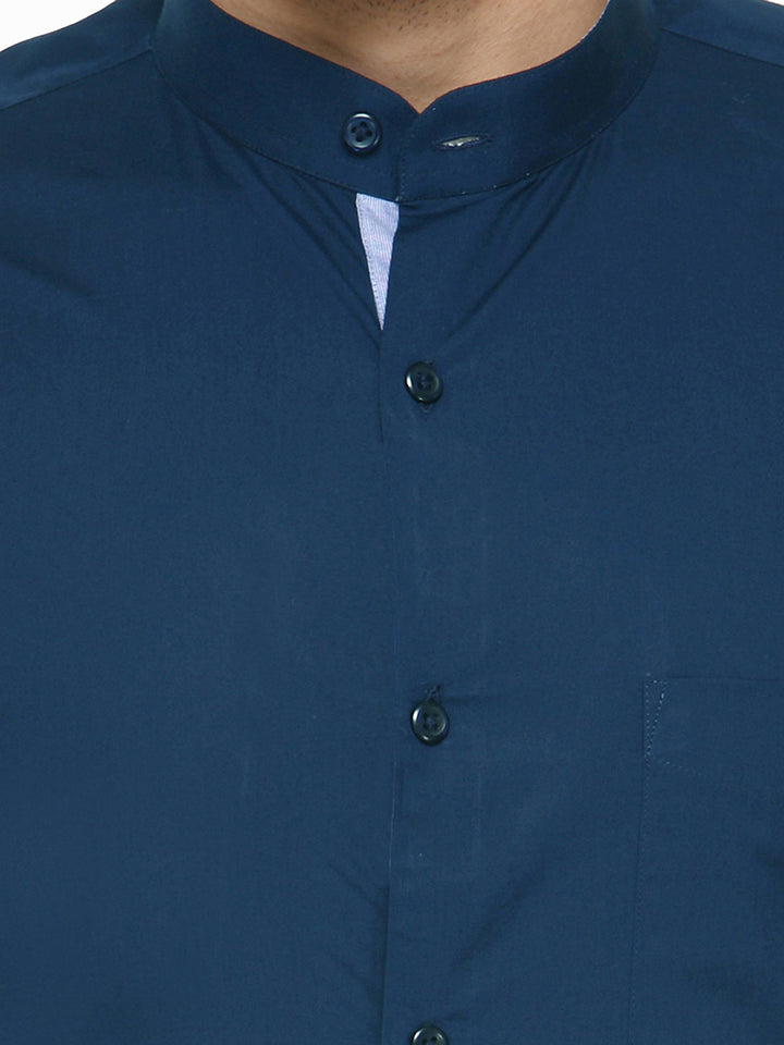 Men Turquoise Blue Mandarin Collar Slim Fit Pure Cotton Formal Shirt