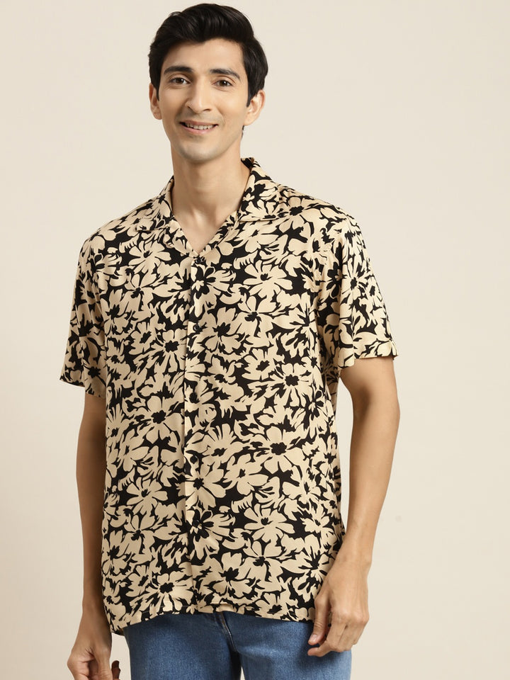 Men Black & Beige Printed Viscose Rayon Relaxed Fit Casual Resort Shirt